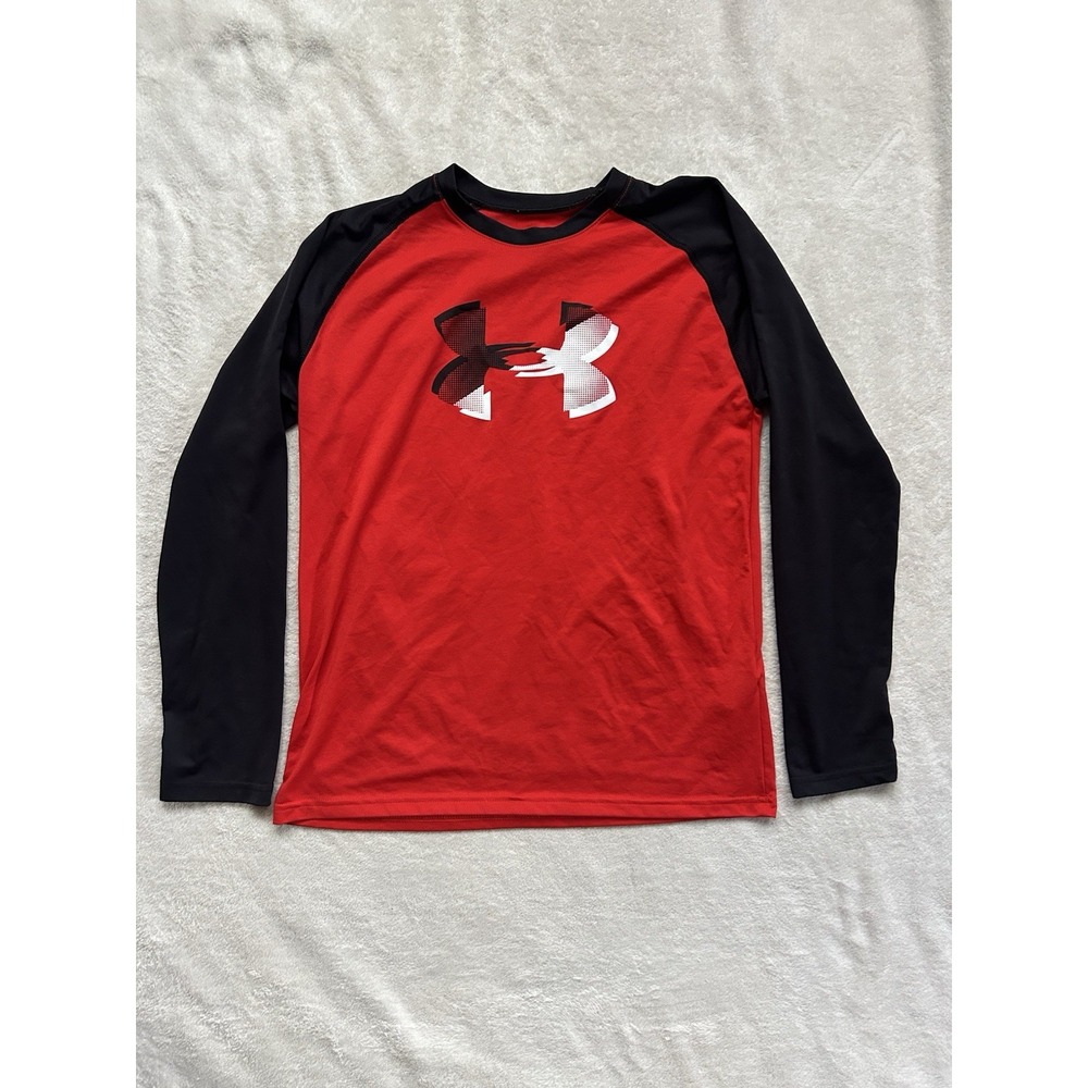 Under Armour Kids HeatGear Long Sleeve Shirt Red Black Logo Loose Fit YLG L